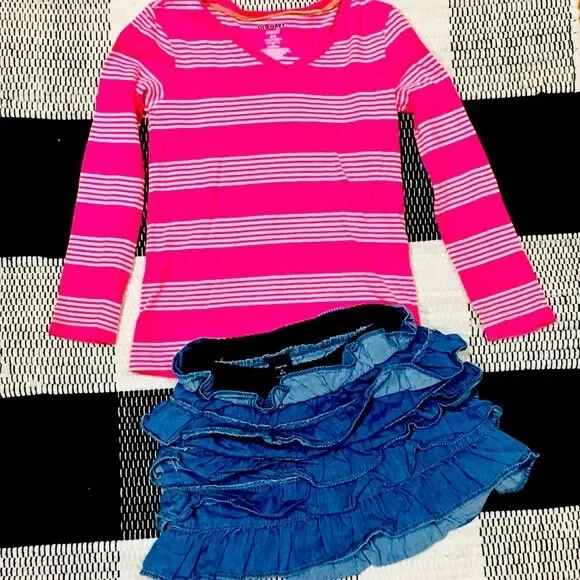 Gap denim ruffle skirt and pink long sleeve cotton striped shirt top 6 7 school - Image 2 of 4