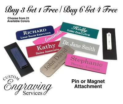CUSTOM ENGRAVING SERVICES 1X3 EMPLOYEE PERSONALIZED NAME TAG BADGE MAGNET OR PIN IDENTIFICATION ENGRAVED