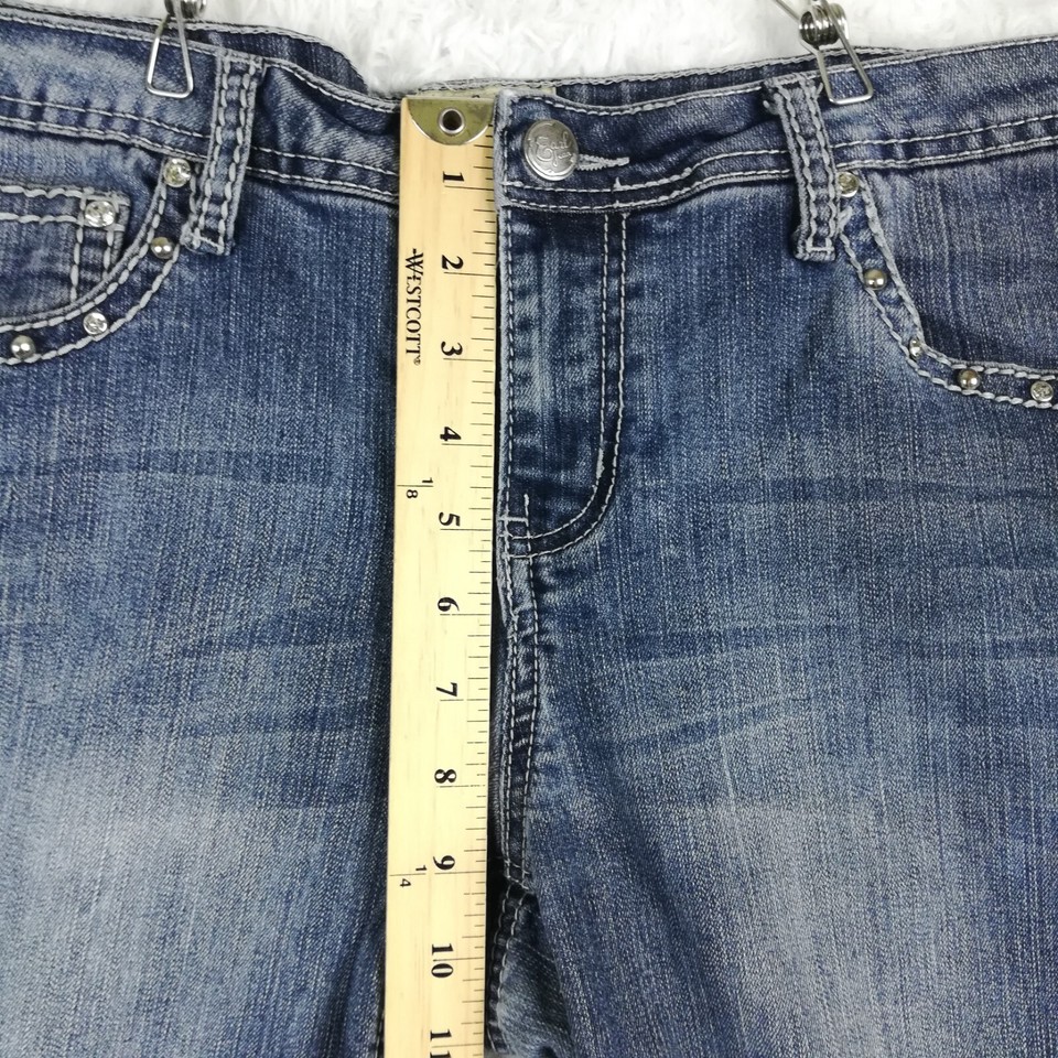 Earl Jean Womens Jeans Capri Cuffed Denim Blue Jeweled Flap Pocket