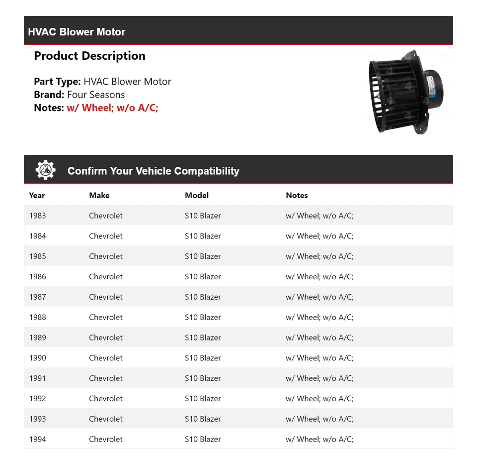 Motor soplador de climatización para Chevrolet S10 Blazer 1983-1994 4 estaciones 1984 1985 1986 Foto 2 de 4