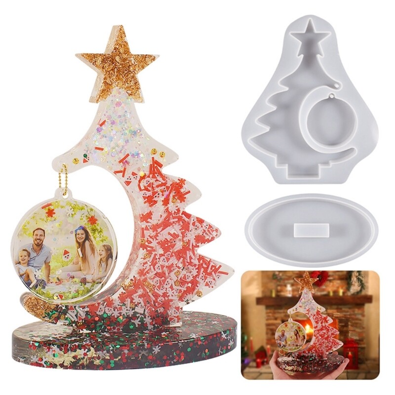 Epoxy Resin Christmas Tree Picture Frame Set Silicone Mold with Support Base
