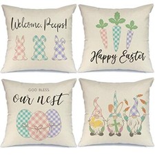 Easter Pillow Covers Set of 4 18X18 Inch Farmhouse Happy Easter Egg Rabbit