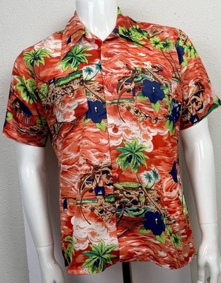 Sears Roebuck Vintage 70s Hawaiian Shirt Large Tiki Hut Hibiscus Floral Marlin