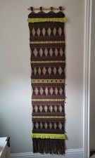 Vtg MCM Woven Macrame Wall Hanging on Rod w/ Fringe Brown Green Boho 68" x 16"