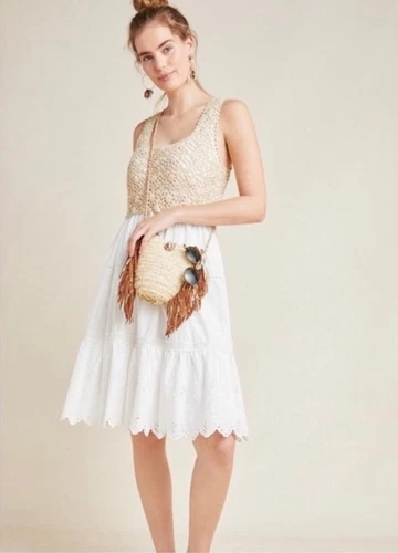OFF WHITE Abito Anthropologie Brittney all'uncinetto con occhielli bianco neutro taglia S