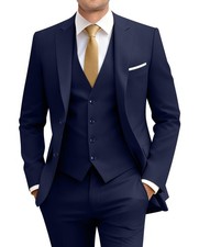 Men Suits Slim Fit Navy Blue Business Wedding 3 Piece Tux Groomsmen Prom Blazer