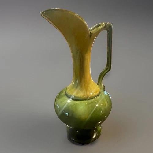 Vintage Haeger Pottery Drip Glaze Ewer Pitcher Vase Green Yellow Mid Century 10”