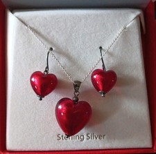 Silver Tone Crystal Heart Pendant Necklace  Earrings Red Heart Set W/ Box