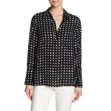 Pleione Womens Long Sleeve Shirt Size Small Polka Dot Black White V-Neck