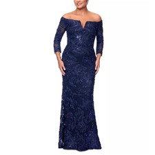 XSCAPE | Sequin Embellished Off-The-Shoulder 3/4-Sleeve Gown
