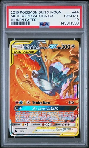2019 POKEMON SUN & MOON HIDDEN FATES #44 MOLTRES & ZAPDOS & ARTICUNO GX PSA 10
