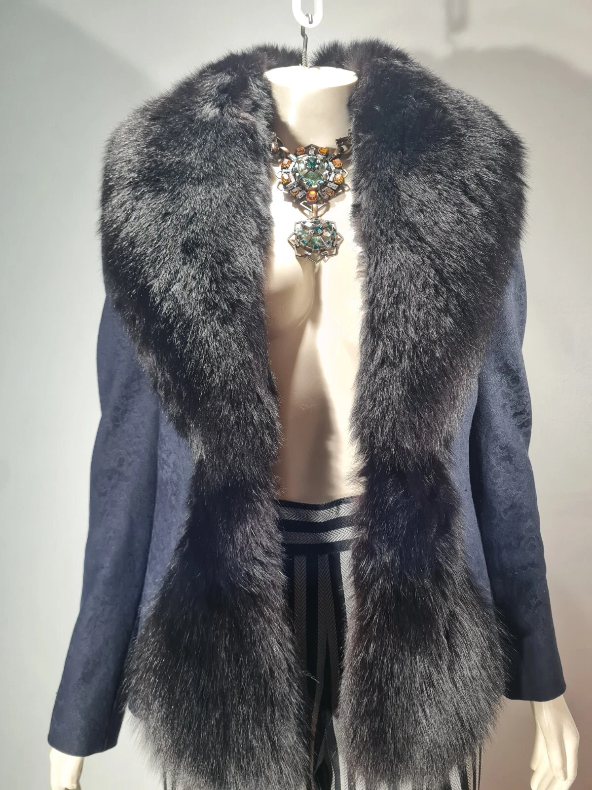 Giacca Christian Dior By John Galliano nera pelliccia di volpe bordata lana autunno 98