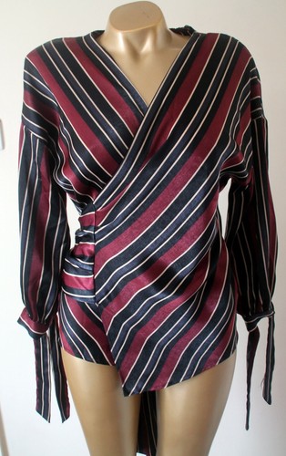 ZARA Top Blusa Talla S sedoso Satén Rojo Negro Raya Kimono Estilo  Envolvente | eBay