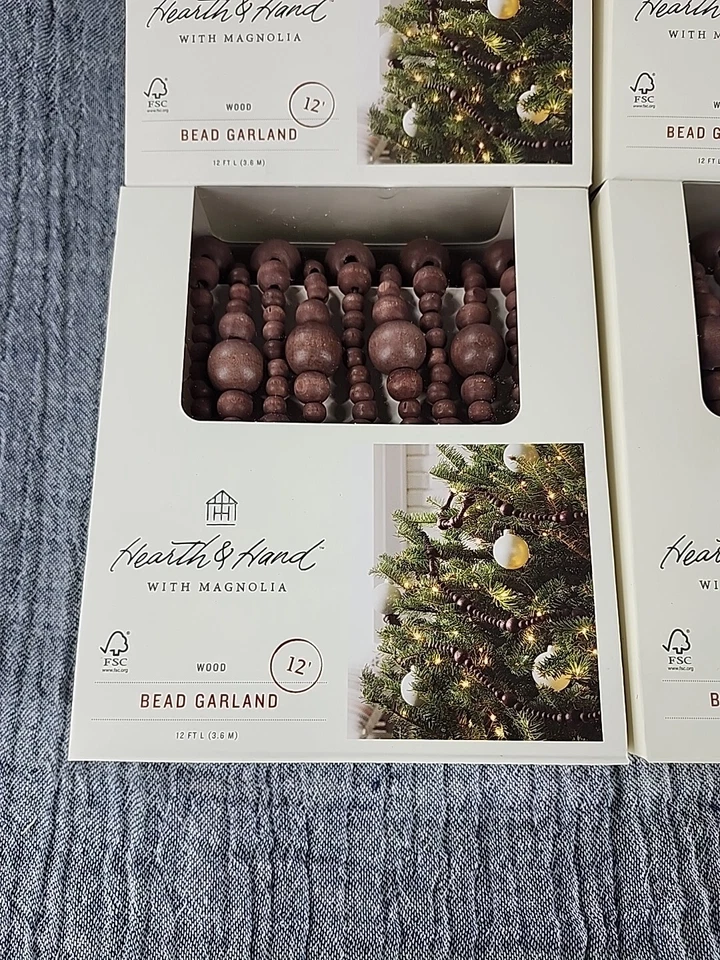 Lot Of 4 2021 Hearth Hand Magnolia Wooden Bead Garland Wood Brown 12 Ft Holiday - Image 2 of 4
