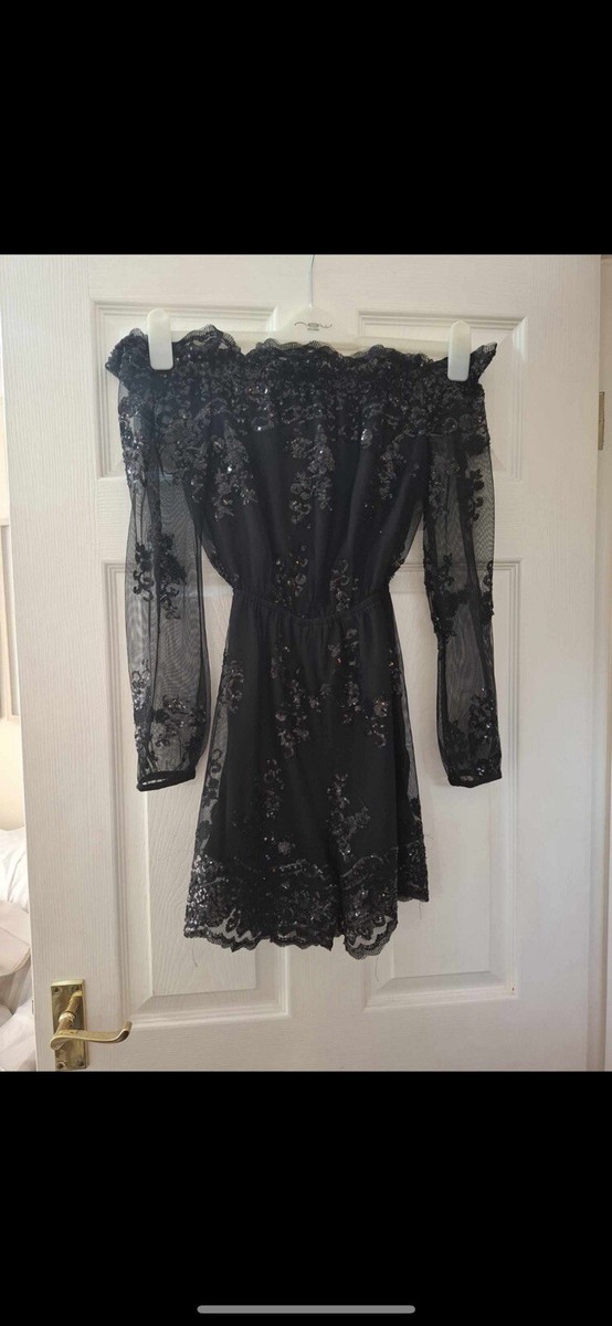 Women's Ladies New Size Quiz Black Lace Bardot sequin Playsuit