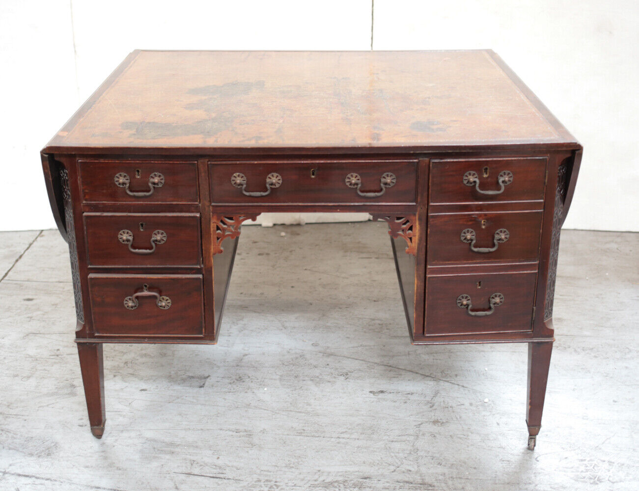 19th century Continental Mahogany Partners desk with leather top and side panels