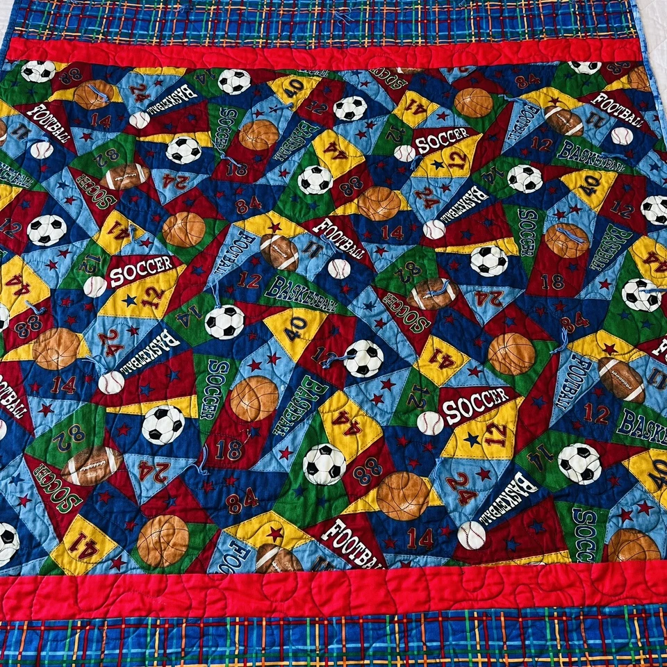 40”x56” Kids Sports Quilt Handmade Multicolor Football Baseball Sports . - Image 4 of 4