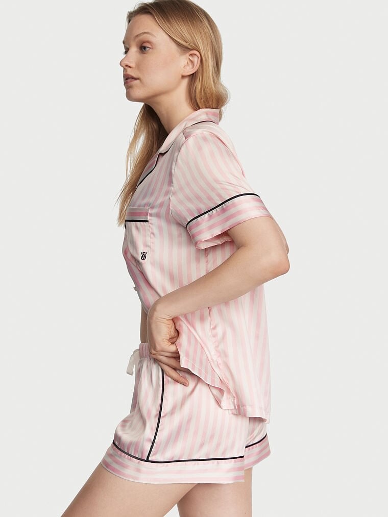 Victoria's Secret ピンクラメ入りルームウェア M Victoria's Secret Satin Short Pajama Set Pink Iconic Stripe Large