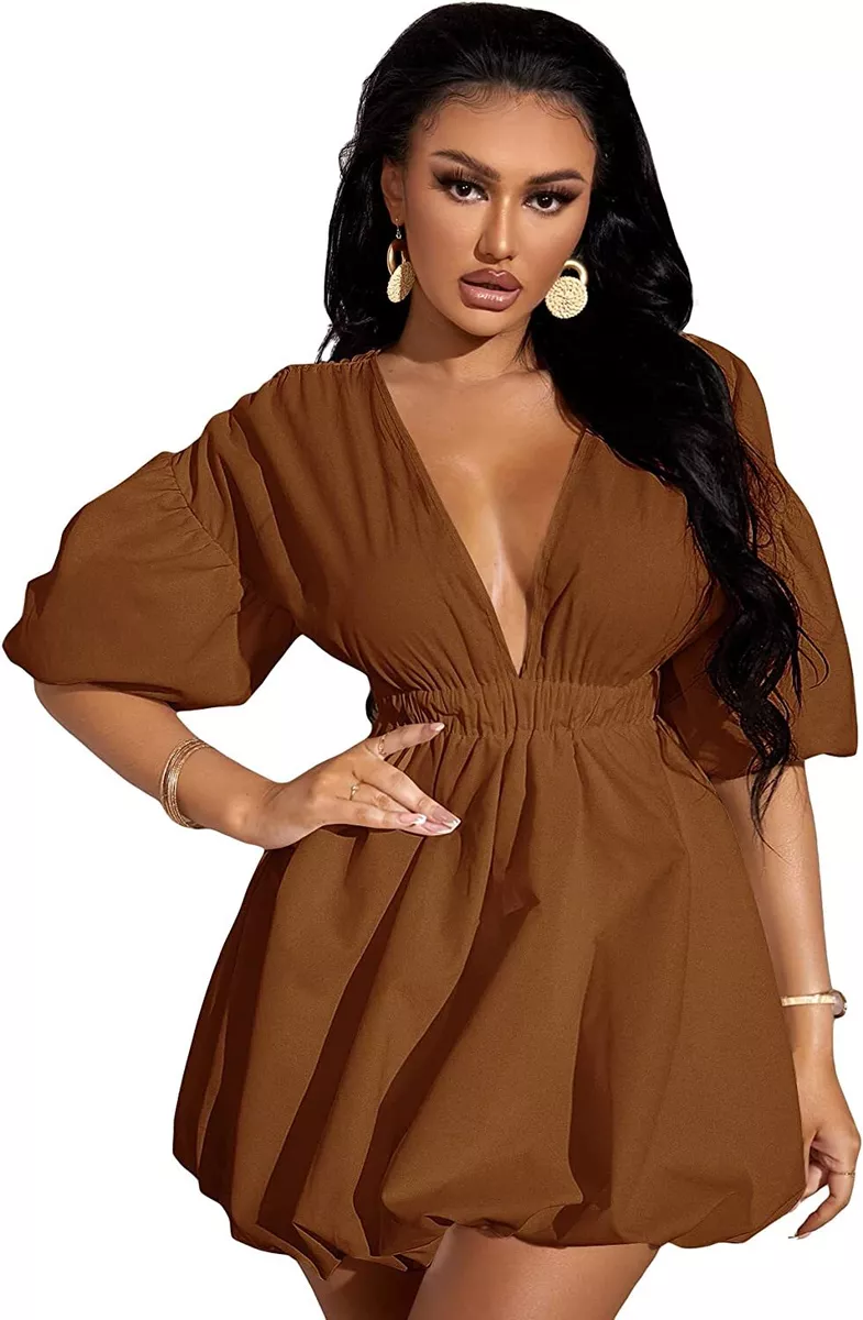 High neck elastic clearance waist puff dress