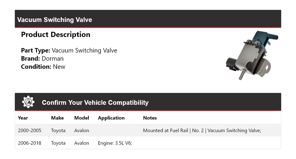 Válvula de comutação a vácuo Toyota Avalon Dorman 2000-2018 2001 2002 2003 2004 - Imagem 2 de 4