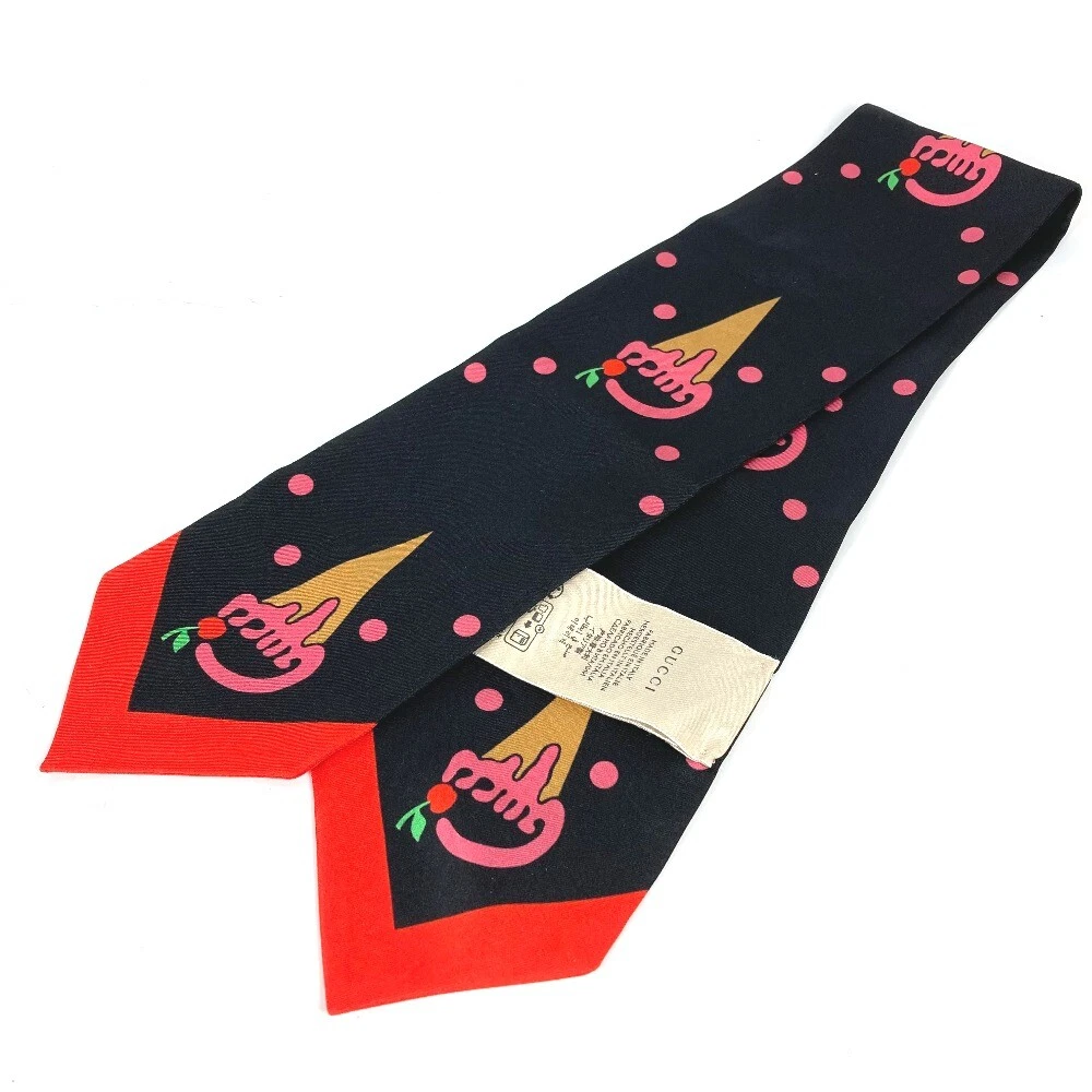 GUCCI 732840 écharpe bandeauScarf crème glacée cerise écharpe soie noire x rouge