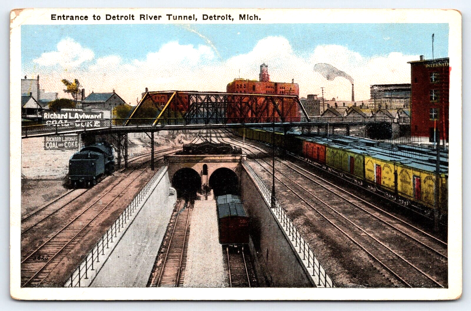 VINTAGE OLD ANTIQUE POSTCARD DETROIT RIVER TUNNEL TRAINS DETROIT MICHIGAN USA