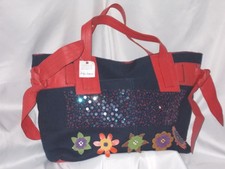 Serpui Marie Handbag Navy Blue Wool Red Italian Leather Hand Sewn Sequins New