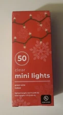New Home by Rite Aid 50 indoor clear mini lights green wire 11 ft length. 
