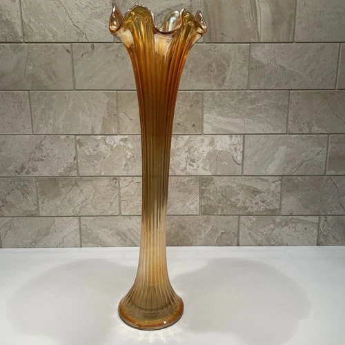 Vintage Fenton Marigold Iridescent Carnival Glass 15” Swung Stretch Ribbed Vase
