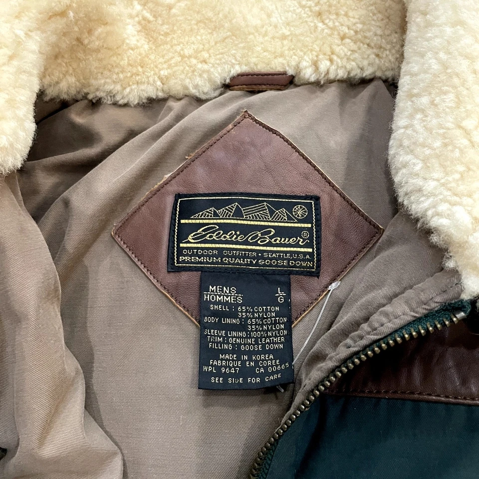 VTG 90s Eddie Bauer Goose Down Jacket Green Leather Shearling Men's Size L - Image 3 of 4
