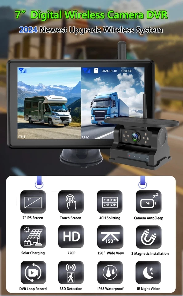 Solar Magnetic Wireless RV Backup Camera Touchscreen Monitor DVR for Trailer Car - Image 3 of 4
