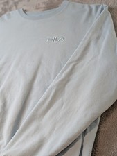 FILA Crewneck Sweatshirt Mens L Blue Embroidered Logo Pullover Pockets Cotton