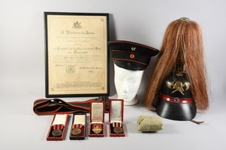 Q60E18 Konvolut Feuerwehr Helm Ehrenabzeichen Urkunde um 1900