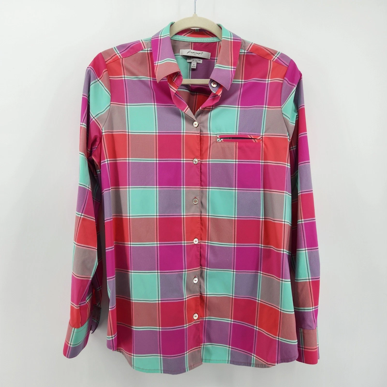 Foxcroft NYC Women's Multicolor Bright Plaid Shirt Relaxed Fit Size 10
