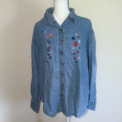 Vintage American Original Denim Shirt  Patriotic USA Flag Embroidered READ