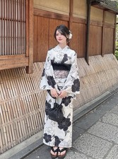 Modern Japan Yukata 3pc Set Women Monotone Peony Cotton-Linen Feel Bow Obi New