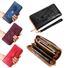 Women's Crocodile Leather Wallet Multi-layered Zipper Clutch Bag ID Card Purse