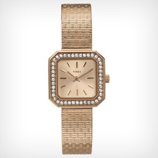 NEW-TIMEX ROSE GOLD TONE,MESH BAND,CRYSTAL BEZEL,SQUARE SMALL DIAL WATCH-T2P551