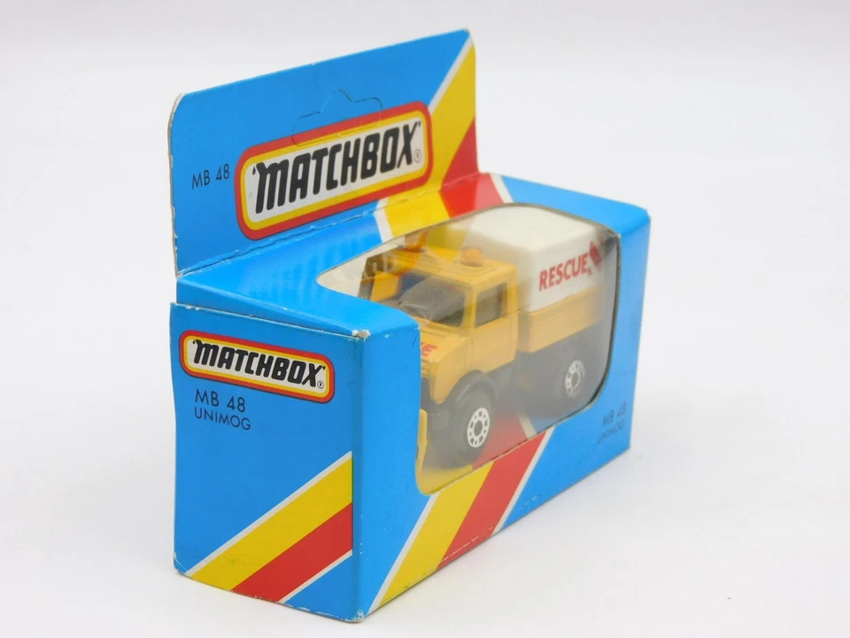 Matchbox Superfast Unimog Rescue yellow plow Macau 80s MB-48 in BLUE BOX - Immagine 2 di 3