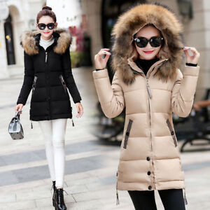 Women S Hooded Jacket Quilted Padded Puffer Fur Collar Warm Winter Parka Coat Ebay