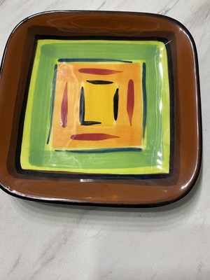 Gail Pittman Brio Brown Rim Orange Green Yellow Squares Square Appetizer Plate 