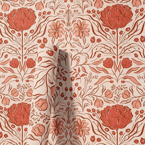 Red Big Floral Peel and Stick Removable Vinyl Self-Adhesive Wallpaper 17" x118" - Picture 3 of 13