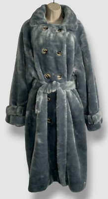 $1090 FAZ Women's Blue Coal Oversized Faux Fur Trench Coat Jacket Size 0