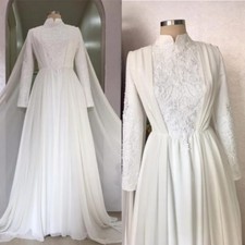 Chiffon Muslim Wedding Dresses High Neck Long Sleeves Lace Appliques BridalGowns