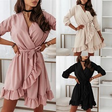 Womens Dress Long Sleeve Mini Ladies Belted Ruffle  Wrap V Neck Party Dresses