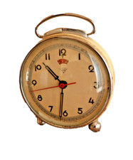 Vintage Chinese Wind-Up Alarm Clock Gold Case Cream Dial Bell Handle 1960s