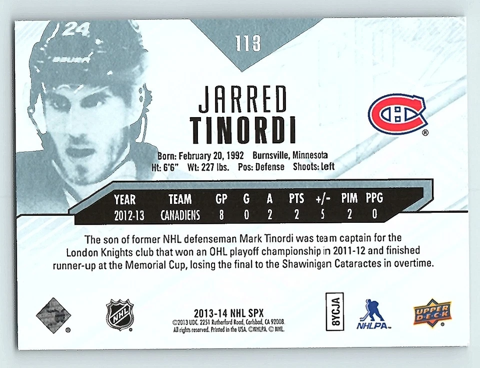 2013-14 SPx Jarred Tinordi Rookie Card #113 - Montreal Canadiens - Image 2 of 4