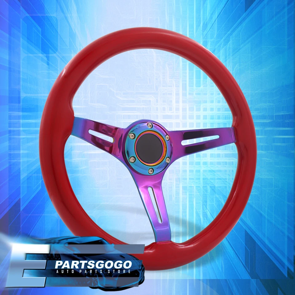Universal JDM 350mm 14inch Red Wood Neo Chrome Steel Deep Dish Steering Wheel Foto 3 de 4