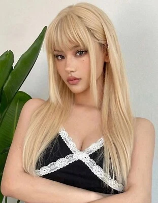 Perruque Synthétique Longue Femme Blond Doré Clair Lisse A Frange +4 Bonnet - Photo 1/4