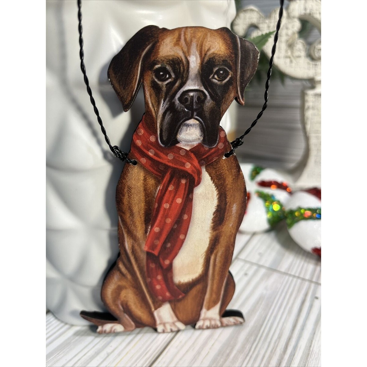 Boxer Dog Wearing Red Scarf Ornament Boxer Wooden Christmas Ornament U17b